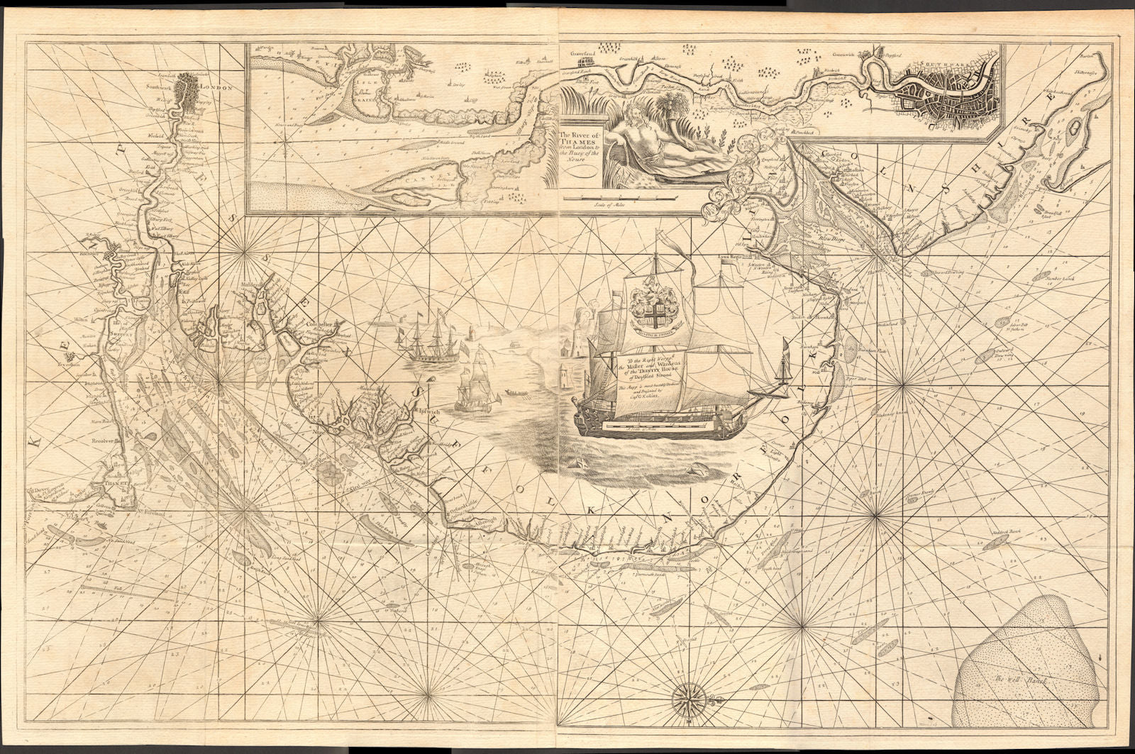 EAST COAST OF ENGLAND & THAMES ESTUARY from London to the Nore.COLLINS c1774 map